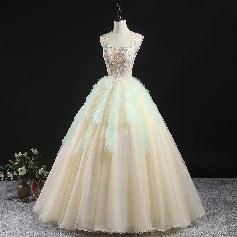 unique weddingsのステージ 衣装 カラードレス グリーン 演奏会用ドレス ロングドレス 上品 プロム ドレス パーティードレス 結婚式 ウェディングドレス 舞台衣装 プリンセスラインドレス 高級感 新品 お姫様 演奏会 大きいサイズ セミオーダー 編み上げ｜アングル2