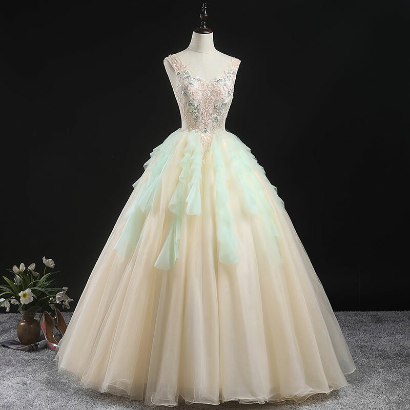 unique weddingsのステージ 衣装 カラードレス グリーン 演奏会用ドレス ロングドレス 上品 プロム ドレス パーティードレス 結婚式 ウェディングドレス 舞台衣装 プリンセスラインドレス 高級感 新品 お姫様 演奏会 大きいサイズ セミオーダー 編み上げ｜アングル3