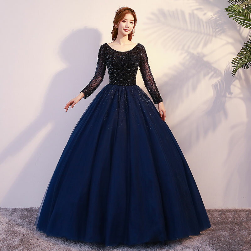 ステージ 衣装 カラードレス 長袖 プリンセスライン 演奏会用ドレス ネイビー 小きい 花嫁 結婚式 二次会 フォーマルドレス パーティードレス 舞台衣装 キラキラ お姫様 新品 演奏会 上品 セミオーダー 編み上げ