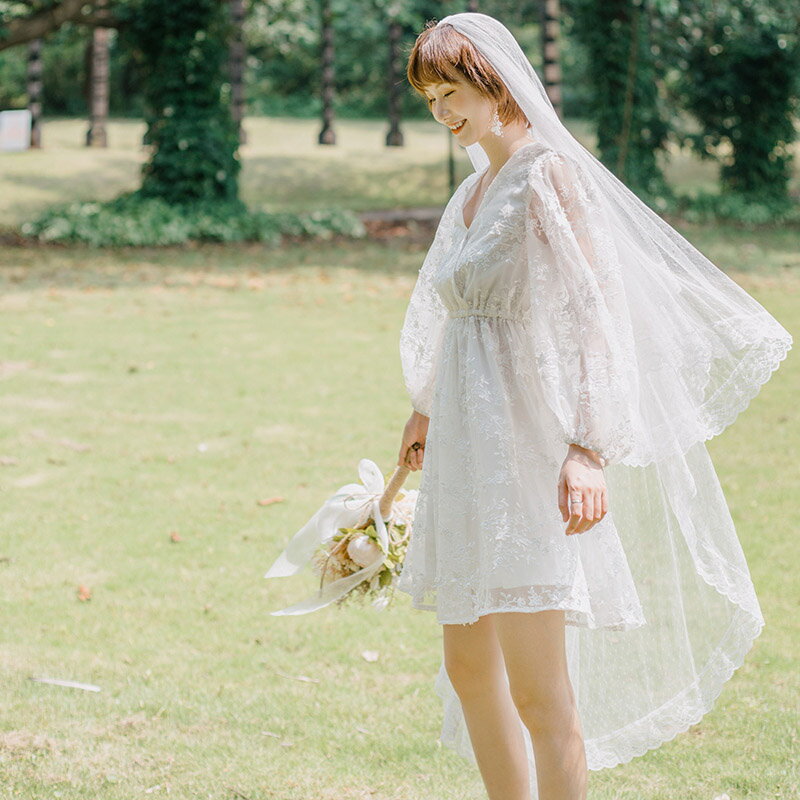 フェアリー ウェディングベール おうべい設計 結婚式 披露宴 ロングベール 森の妖精 レース付き 手作りベール ベールダウン ベールアップ オフホワイト ふんわり 透明感 優雅 ビンテージ 海外撮影 旅行結婚 撮影道具 160cm