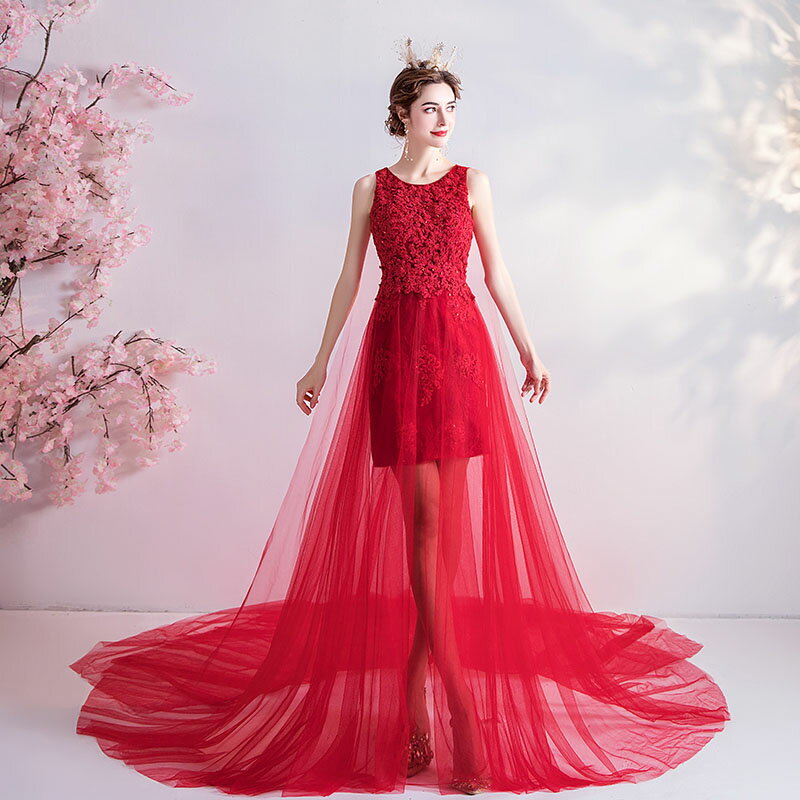 カラードレス ロングドレス 花嫁 ステージ衣装 赤 演奏会 パーティードレス レッド 発表会 二次会 結婚式 フォーマルドレス 透け感 トレーンドレス 前ミニ お呼ばれ ピアノ司会 大人 セミオーダー ファスナー