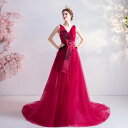 カラードレス レッド パーティードレス レディース 赤 ワンピース ロングドレス vネック 結婚式 成人式 社交 お呼ばれ 花嫁 二次会 ドレス トレーン フォ...