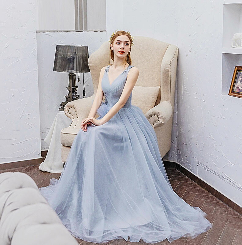 カラードレス ロングドレス グレー Bridesmaid dress blue 二次会 パーティードレス 花嫁 ウェディングドレス コンサート 披露宴 結婚式 演奏会 ステージ衣装 お嬢様 優雅 淑女 綺麗 海外撮影 お呼ばれ 大きい 小きい セミオーダー/編み上げ