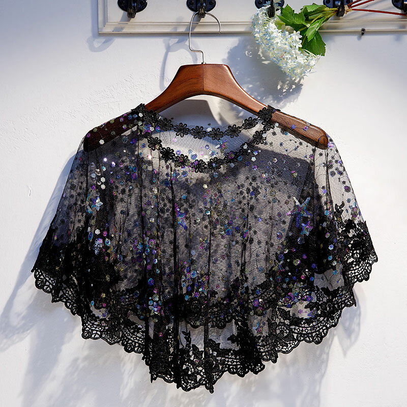 ウエディングショール ウェディングケープ ブラック ケープ ブライダル 結婚式 二次会 披露宴 花嫁 肩掛け 春夏 コンサート 黒 スパンコール キラキラ ウエディングケープ ウェディングボレロ ウエディングボレロ 謝恩会 ウェディングショール 発表会 演奏会