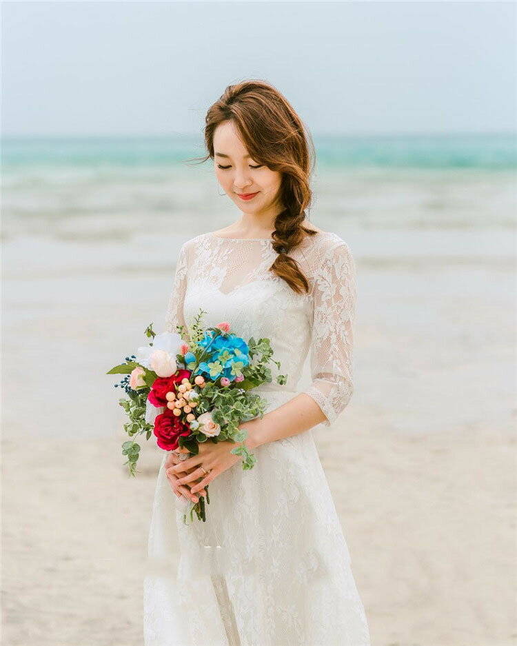 ウェディングドレス ミモレ丈 花嫁 Aラインドレス 結婚式 花柄レース ミディアムドレス 5分袖 後撮り パーティードレス 可愛い ブライダル フォーマルドレス 披露宴 前撮り シンプル スレンダーライン 食事会 謝恩会 ビーチフォト ハワイ オーダーメイド