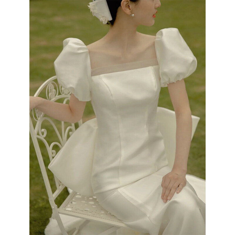 ウェディングドレス 袖あり 花嫁 ロングドレス シンプル 結婚式 ロングワンピース 高級感 エレガント 海外挙式ドレス 蝶結び 【オーダーメイドも可能】パーティードレス 披露宴 スレンダーライン 着痩せ 前撮りドレス フォーマル 女子会 成人式 演奏会 新作