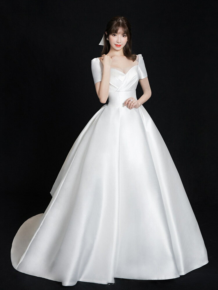 ウェディングドレス 前撮り 花嫁 ロングドレス 結婚式 高級感 エレガント 海外挙式ドレス 二次会 ロングワンピース トレーンドレス 半袖 シンプル ブライダル パーティードレス フォーマル 着痩せ 披露宴 食事会 卒業式 ビーチフォト オーダーメイド 新作