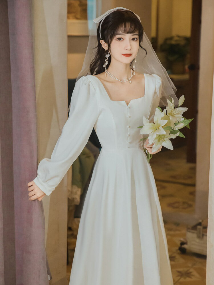 ウェディングドレス ミモレ丈 結婚式 Aラインドレス 長袖/半袖 二次会 ミディアムドレス ロングワンピース ファスナー 【オーダーメイドも可能】パーティードレス 披露宴 海外挙式ドレス ブライダル wedding dress 食事会 旅行 ハワイ ビーチフォト