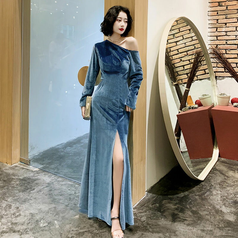 カラードレス ファスナー ベルベット ブルー 長袖 パーティードレス フォーマル ロングドレス 結婚式 二次会 披露宴 発表会 演奏会 スリット スレンダードレス ゲストドレス ウエディングドレス ウェディングドレス カクテルドレス ブライダル 大人 大きいサイズ