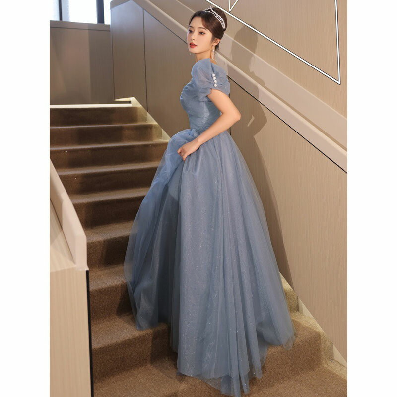 カラードレス 編み上げ ブルー 青 半袖 パフスリーブ パーティードレス フォーマル ロングドレス 結婚式 二次会 発表会 ウェディングドレス ウエディングドレス ゲストドレス プリンセスドレス 姫風 可愛い コンクール イブニングドレス 演奏会 披露宴 Aラインドレス