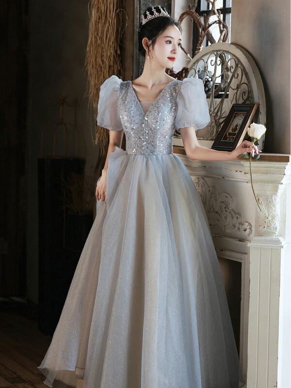 カラードレス ウェディング 二次会 Aラインドレス 袖あり 可愛い ロングドレス 高級感 ふわふわスカート 編み上げ 演奏会用ドレス ピアノ発表会 上品 豪華ドレス パーティードレス 披露宴 食事会 ステージ 衣装 撮影 ダンス 演出 大きいサイズ オーダーメイドも可能