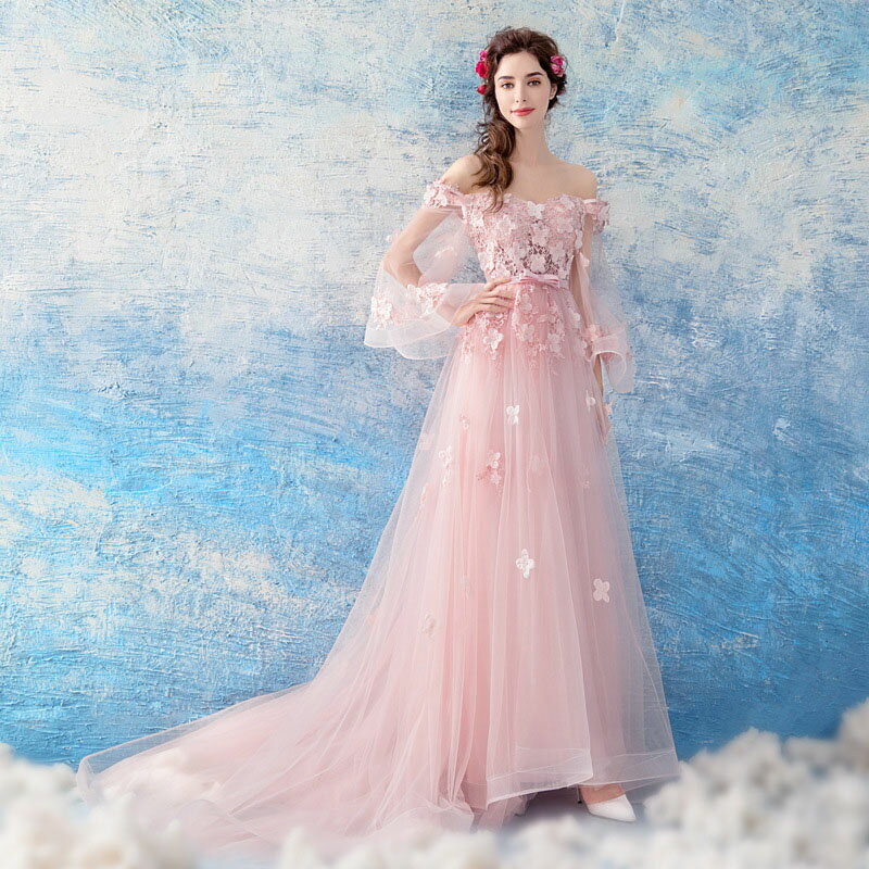 カラードレス ウェディング 花嫁 ロングドレス 二次会 可愛い Aラインドレス オフショルダー 編み上げ 花柄 ブライダル 前撮り ドレス パーティードレス エレガント 手縫い 演奏会用ドレス 長袖 ピアノ発表会 ダンス 演出 コンサート 食事会 ギフト 大きいサイズ