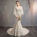マーメイドライン ウェディングドレス 長袖 花嫁 ドレス 結婚式 ウエディングドレス 二次会 ロングドレス 披露宴 ブライダル 演奏会 着痩せ プリンセス 優雅 プアー レース付き ロングトレーン 鎖骨見せ(4)