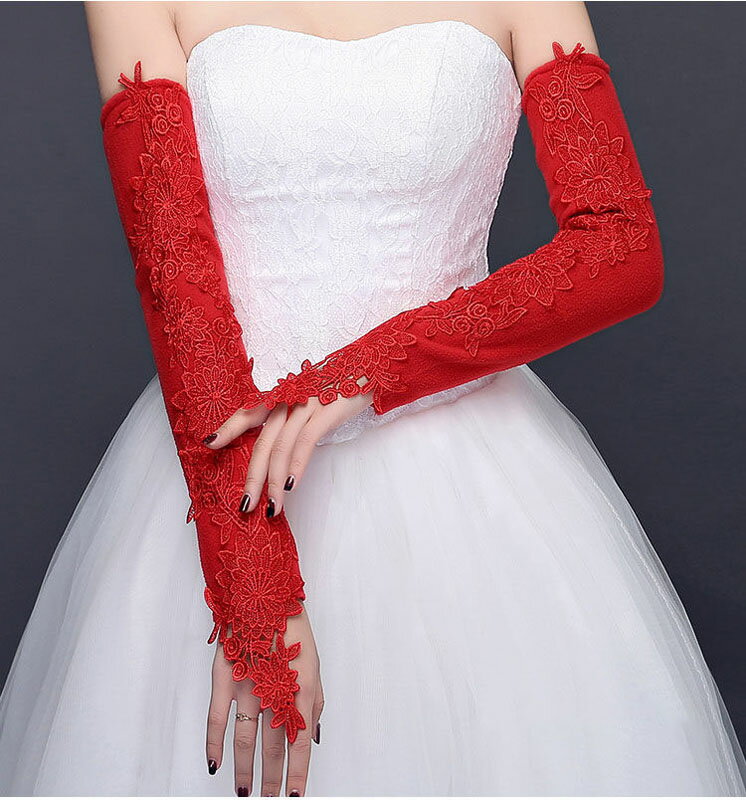ロング 結婚式 ウエディンググローブ 安い ブライダルグローブ 花嫁 ロンググローブ 手袋 二次会 パーティー ウェディング手袋 赤 フィンガーレス 刺繍