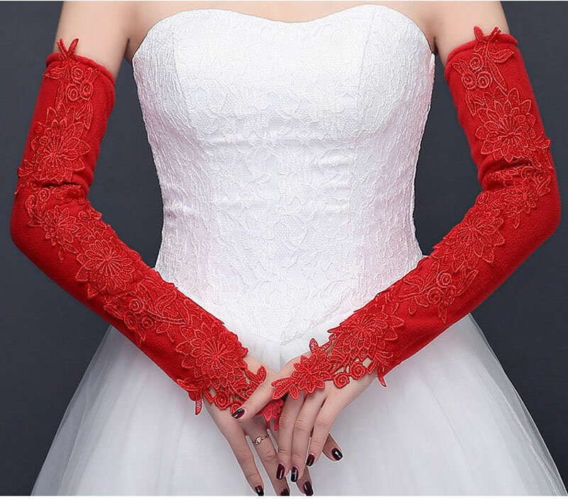 ロング 結婚式 ウエディンググローブ 安い ブライダルグローブ 花嫁 ロンググローブ 手袋 二次会 パーティー ウェディング手袋 赤 フィンガーレス 刺繍