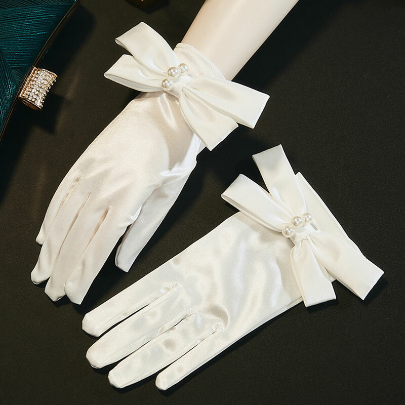 ショートグローブ ウェディンググローブ ウエディンググローブ ブライダル 結婚式 花嫁手袋 二次会 披露宴 前撮り オフホワイト リボン パール サテン