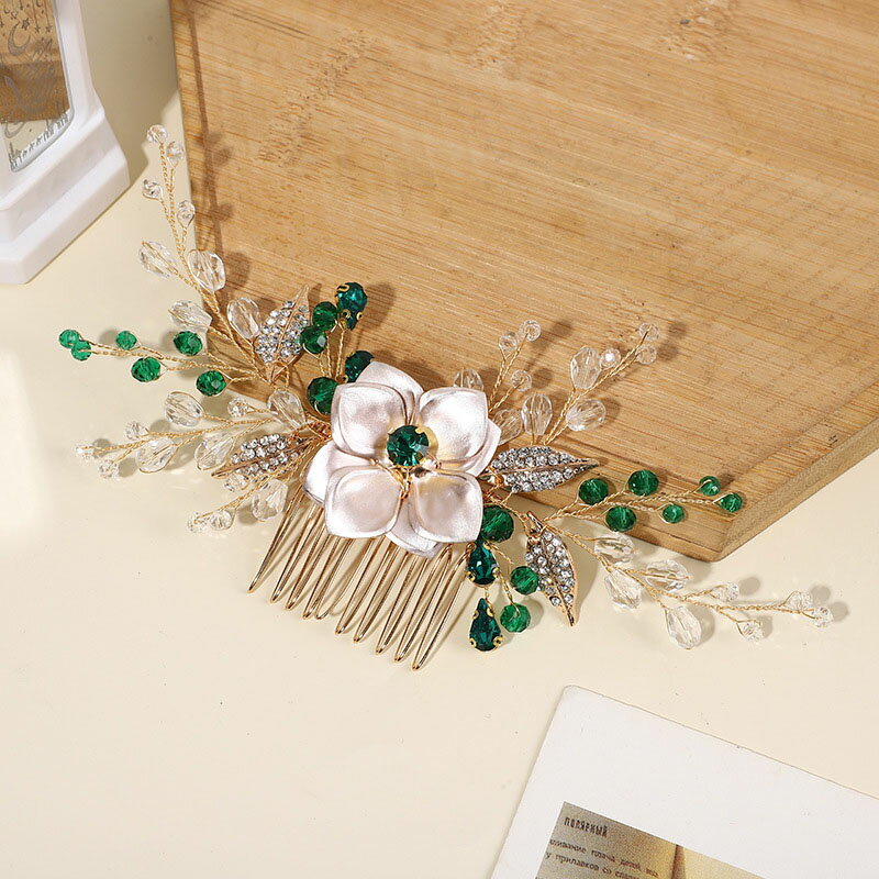 ウェディングヘッドドレス ビジュー 花 フラワー ヘアコーム 結婚式 髪飾り 前撮り 二次会 発表会 演奏会 ブライダル パーティー 花嫁小物 披露宴 着物 ウエディングヘアアクセサリー 結婚式アクセサリー ヘッドアクセ 和装 成人式 海外挙式 後撮り ゴールド 緑 グリーン