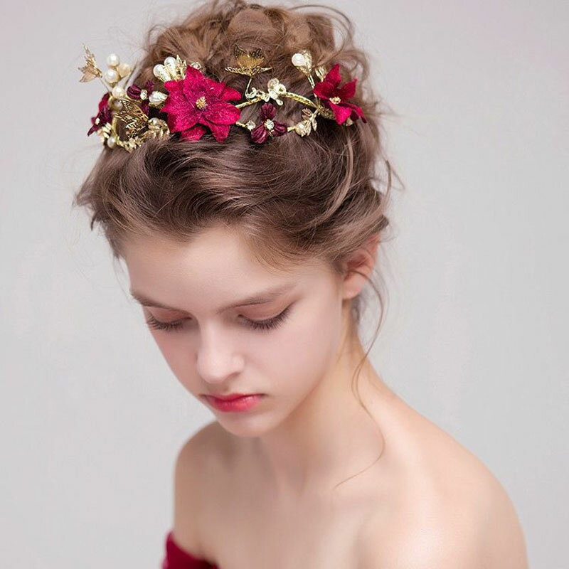 花カチューシャ ヘッドドレス 髪飾り ヘアアクセサリー 花冠 ウェディング 和服 和装 卒業式 袴 着物 小物 ヘッドアクセ 花 赤 ゴールド ティアラ ヘアバンド