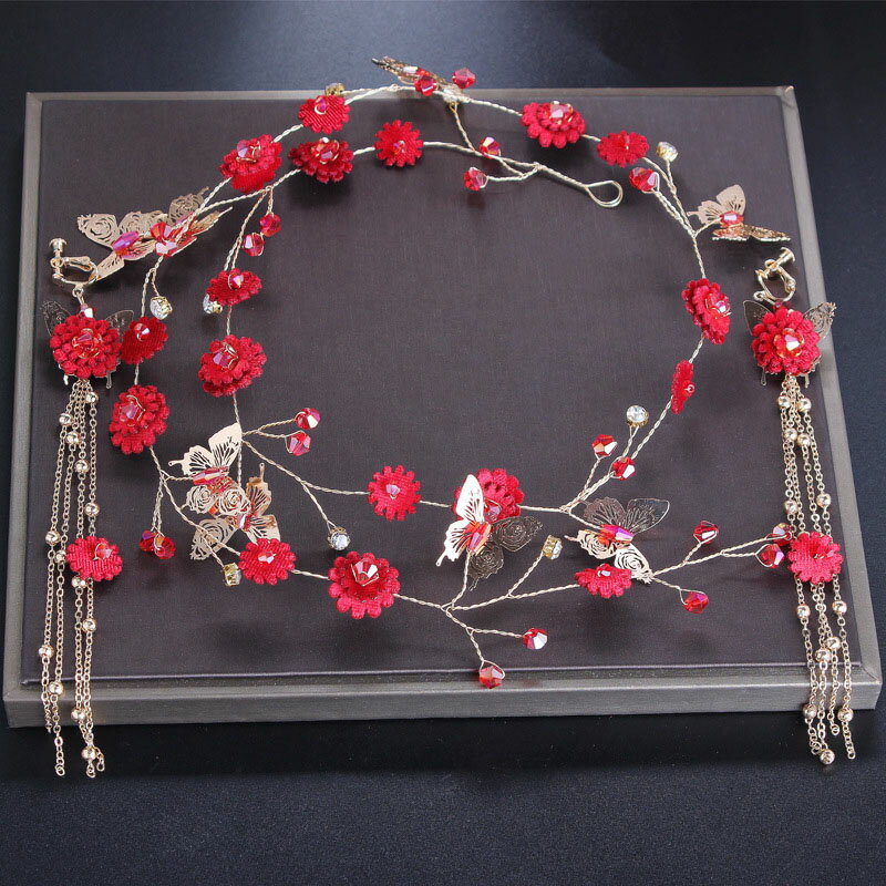 パーティー 花嫁 髪飾り ヘッドドレス ウェディング 二次会 ティアラ イヤリング 2点セット ヘッドドレス 花 和風 ウエディング 結婚式 パーティー 披露宴 赤