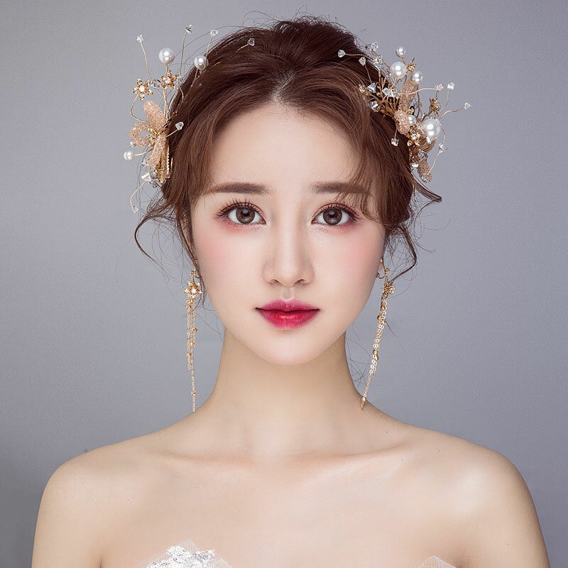 ヘッドドレス＋イヤリング ヘアアクセサリー ウェディング小物 結婚式 二次会 披露宴 花嫁 ブライダル ゴールド ウエディング パーティー 発表会 演奏会 前撮り