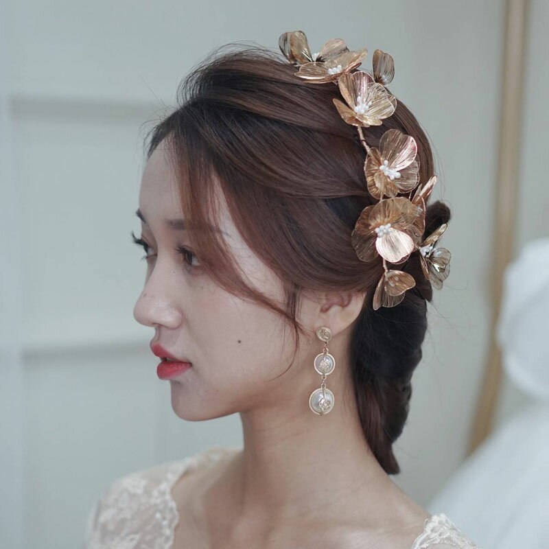 ヘッドドレス フラワー ウエディング ゴールド 花 髪飾り 花嫁 ウェディング 結婚式 発表会 演奏会 披露宴 ブライダル パーティー 二次会 ヘアアクセサリー