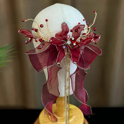 ウェディング バックカチューシャ ウエディングヘッドドレス ワインレッド リボン フリンジ 花嫁 結婚式 披露宴 ブライダル 二次会 パーティー 演奏会 発表会 ウェディング バックカチューシャ ウエディングヘッドドレス ワインレッド リボン フリンジ 花嫁 結婚式 披露宴 ブライダル 二次会 パーティー 演奏会 発表会