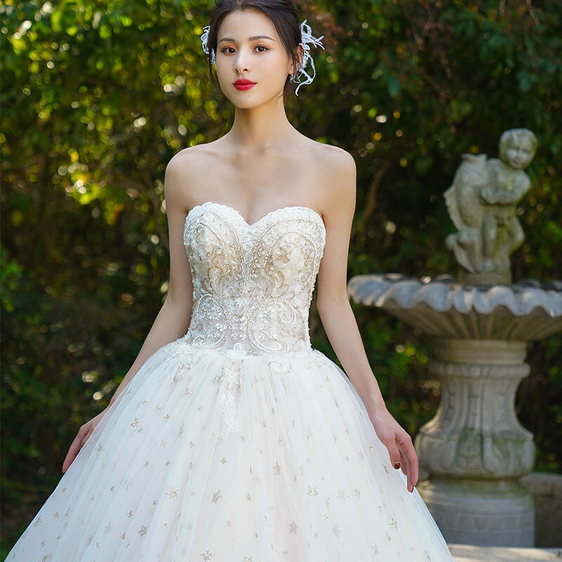 wedding dress ウェディングドレス 花嫁 二次会 プリンセスドレス ブライダル 結婚式 ロングドレス 星 フォーマルドレス 挙式 小きいサイズ セミオーダー/編み上げ