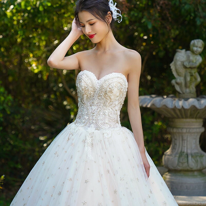 wedding dress ウェディングドレス 花嫁 二次会 プリンセスドレス ブライダル 結婚式 ロングドレス 星 フォーマルドレス 挙式 小きいサイズ セミオーダー/編み上げ