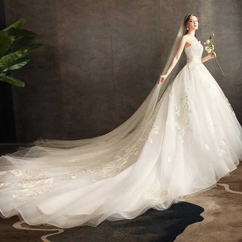 結婚式 花嫁 ウェディングドレス 二次会 披露宴 ビスチェドレス パーティードレス ワンピース プリンセスドレス wedding dress ブライダル ロングドレス ロングトレーン お嬢様 パーティードレス 刺繍 セミオーダー/編み上げ