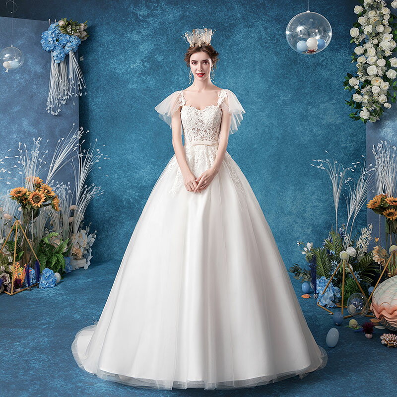 結婚式 花嫁 ウエディングドレス 二次会 wedding dress 上品 ブライダル パーティードレス プリンセス ロングドレス お嬢様 刺繍 透け感 披露宴 海外挙式 写真撮り用 セミオーダー/ファスナー