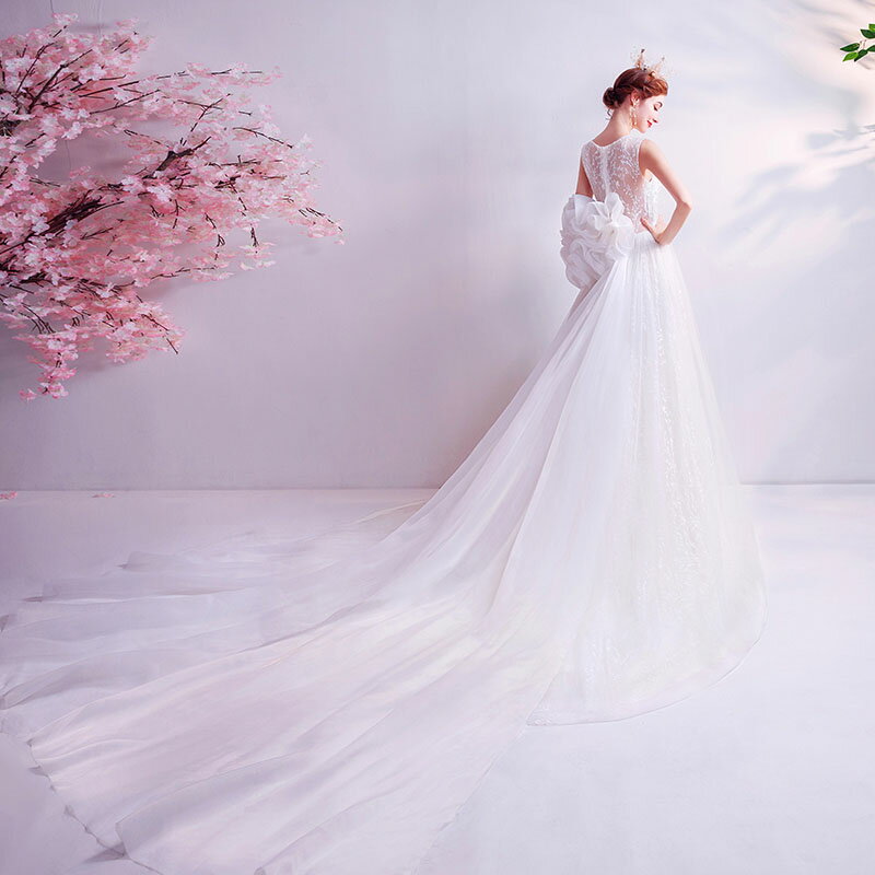 結婚式 花嫁 ウエディングドレス ノースリーブ 二次会 wedding dress 上品 ブライダル パーティードレス ロングトレーン プリンセス ロングドレス お嬢様 刺繍 披露宴 海外挙式 写真撮り用 セミオーダー/ファスナー