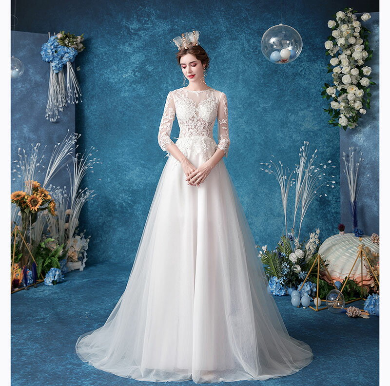 結婚式 花嫁 ウエディングドレス 七分袖 二次会 wedding dress 上品 Aライン ブライダル パーティードレス ロングドレス 透け感 お嬢様 刺繍 披露宴 海外挙式 写真撮り用 セミオーダー/ファスナー