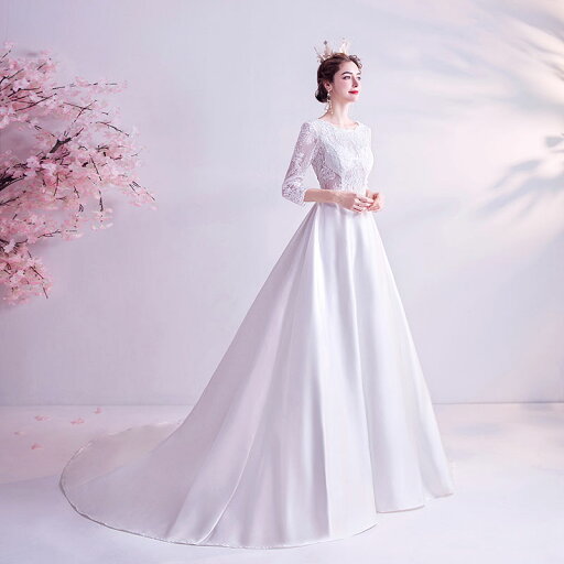 結婚式 花嫁 ウエディングドレス 七分袖 二次会 wedding dress 上品 ブライダル パーティードレス サテン プリンセス ロングドレス お嬢様 刺繍 披露宴 透け感 海外挙式 写真撮り用 セミオーダー/ファスナー 結婚式 花嫁 ウエディングドレス 七分袖 二次会 wedding dress 上品 ブライダル パーティードレス サテン プリンセス ロングドレス お嬢様 刺繍 披露宴 透け感 海外挙式 写真撮り用 セミオーダー/ファスナー