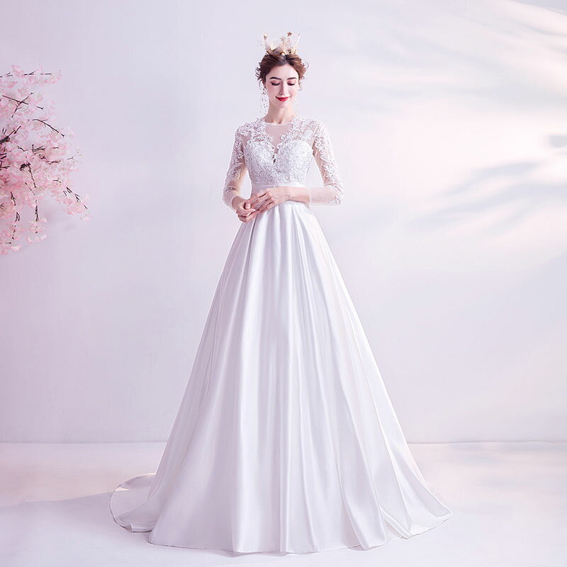 ウエディングドレス 花嫁 長袖 二次会 wedding dress ブライダル ワンピース ロングドレス お嬢様 結婚式 前撮り 後撮り 海外挙式 サテン パーティードレス セミオーダー/ファスナー