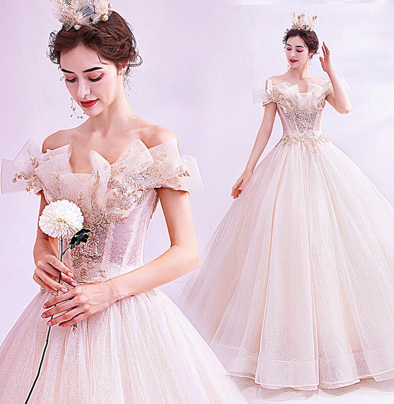 ウエディングドレス 花嫁 二次会 wedding dress ブライダル ワンピース ロングドレス キラキラ お嬢様 結婚式 前撮り 後撮り 海外挙式 パーティードレス オフショルダー セミオーダー/編み上げ
