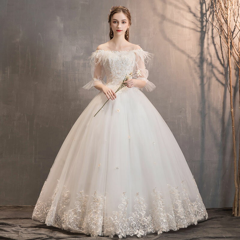 wedding dress ウェディングドレス 花嫁 挙式 二次会 ブライダル 結婚式 フォーマルドレス プリンセスドレス 羽 オフショルダー ファッションショー 大きいサイズ セミオーダー/編み上げ