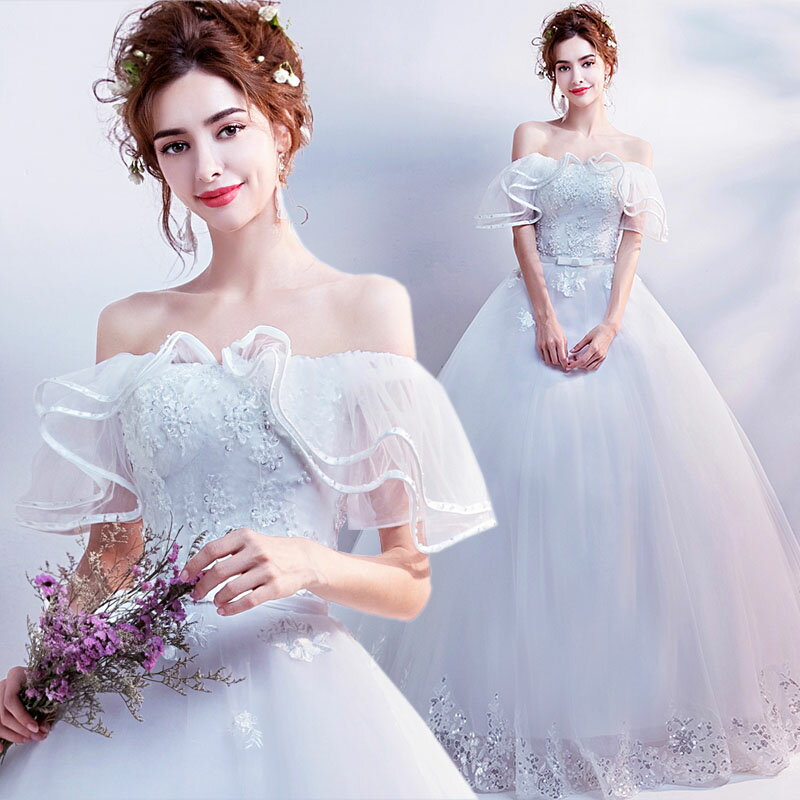 ウエディングドレス 花嫁 二次会 wedding dress ブライダル ワンピース ロングドレス お嬢様 結婚式 前撮り 後撮り 海外挙式 パーティードレス 刺繍 オフショルダー セミオーダー/編み上げ