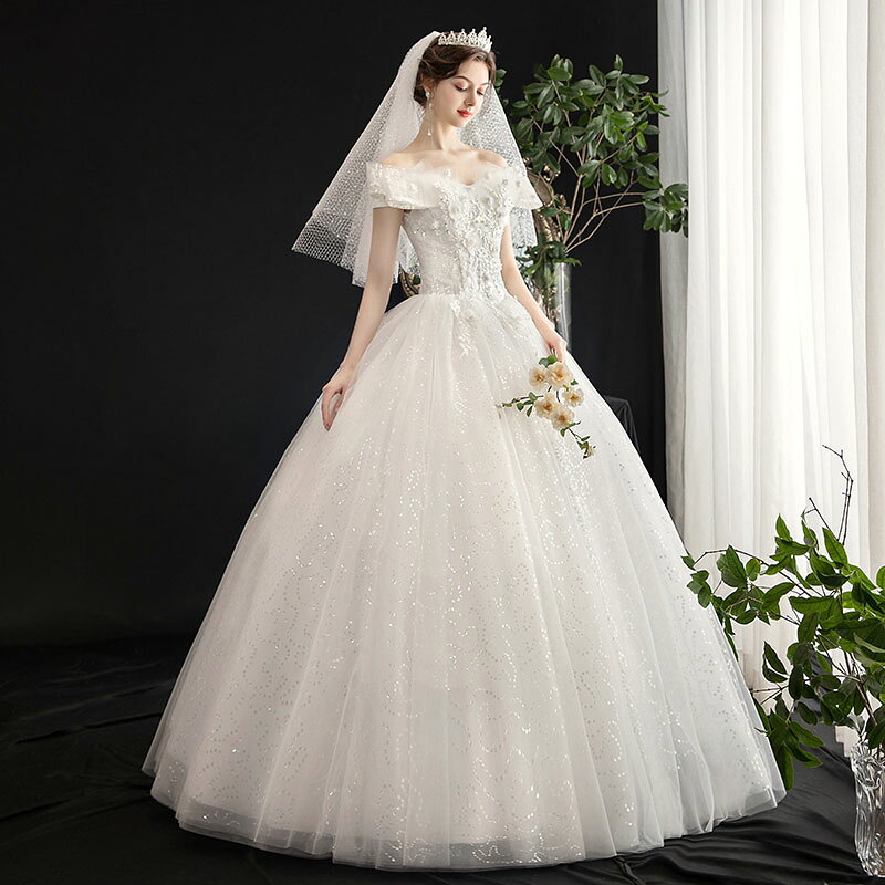 unique weddingsのウェディングドレス 花嫁 挙式 ブライダル 結婚式 wedding dress 白 シャンパン色 披露宴 ロングドレス 二次会 フォーマルドレス オフショルダー セミオーダー/編み上げ｜アングル2