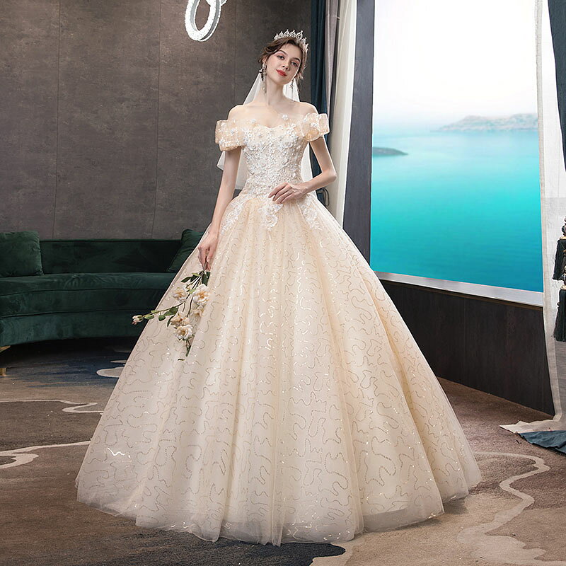 unique weddingsのウェディングドレス 花嫁 挙式 ブライダル 結婚式 wedding dress 白 シャンパン色 披露宴 ロングドレス 二次会 フォーマルドレス オフショルダー セミオーダー/編み上げ｜アングル3