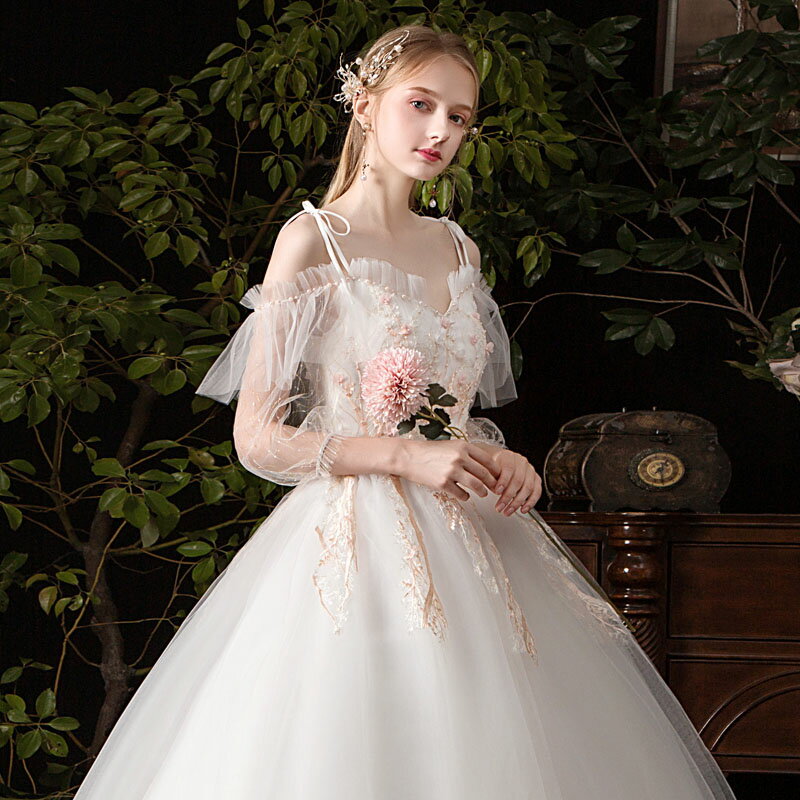 ウェディングドレス wedding dress 半袖 花嫁 挙式 ブライダル 結婚式 披露宴 ロングドレス 二次会 フォーマルドレス 吊りスカート セミオーダー/編み上げ