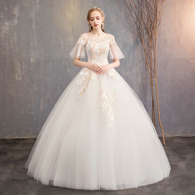 ウェディングドレス 半袖 花嫁 挙式 ブライダル 二次会 結婚式 wedding dress 披露宴 ロングドレス フォーマルドレス セミオーダー/編み上げ