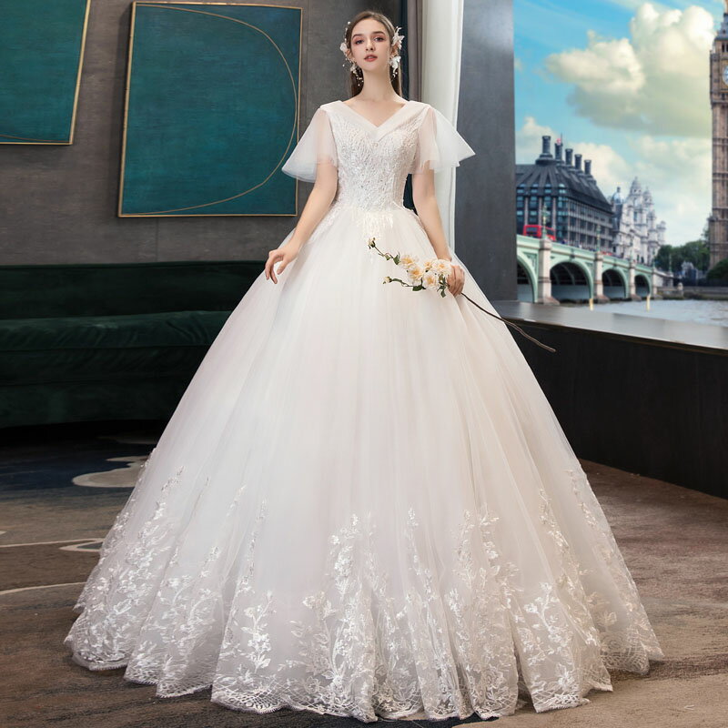 ウェディングドレス 半袖 wedding dress ウエディングドレス プリンセスライン 結婚式 花嫁 ブライダル ロングドレス vネック 披露宴 二次会 挙式 セミオーダー/編み上げ