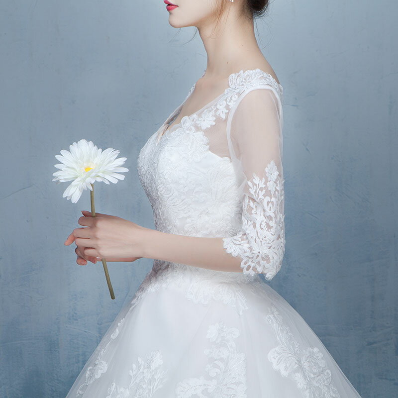 unique weddingsのウェディングドレス 五分袖 二次会 花嫁 ワンピース 上品 プリンセス シンプル ウエディングドレス 結婚式 服装 前撮り 後撮り ブライダルドレス バックレス お嬢様 wedding dress 刺繍 セミオーダー/編み上げ｜アングル2