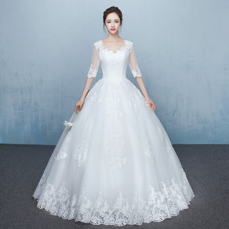 unique weddingsのウェディングドレス 五分袖 二次会 花嫁 ワンピース 上品 プリンセス シンプル ウエディングドレス 結婚式 服装 前撮り 後撮り ブライダルドレス バックレス お嬢様 wedding dress 刺繍 セミオーダー/編み上げ｜アングル3