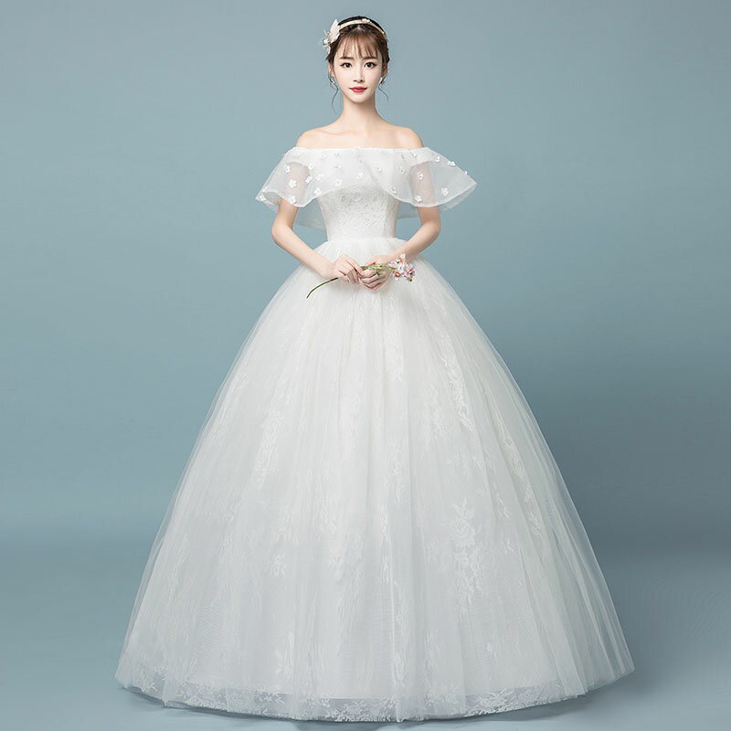 ウェディングドレス 半袖 二次会 花嫁 ワンピース 上品 プリンセス シンプル ウエディングドレス 結婚式 服装 前撮り 後撮り ブライダルドレス お嬢様 wedding dress オフショルダー 優雅 淑女 綺麗 海外撮影 お呼ばれ セミオーダー/編み上げ