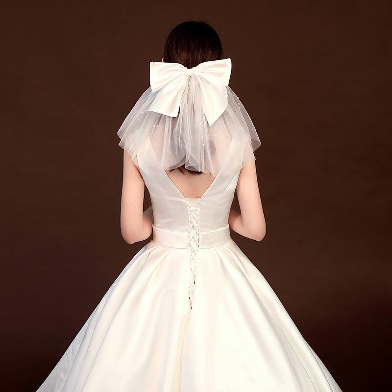 ショートベール リボン付き ウェディングベール ウエディング ブライダル 可愛い 花嫁 結婚式 小物 ちょう結び ホワイト 安い ウェディング ベール シンプル