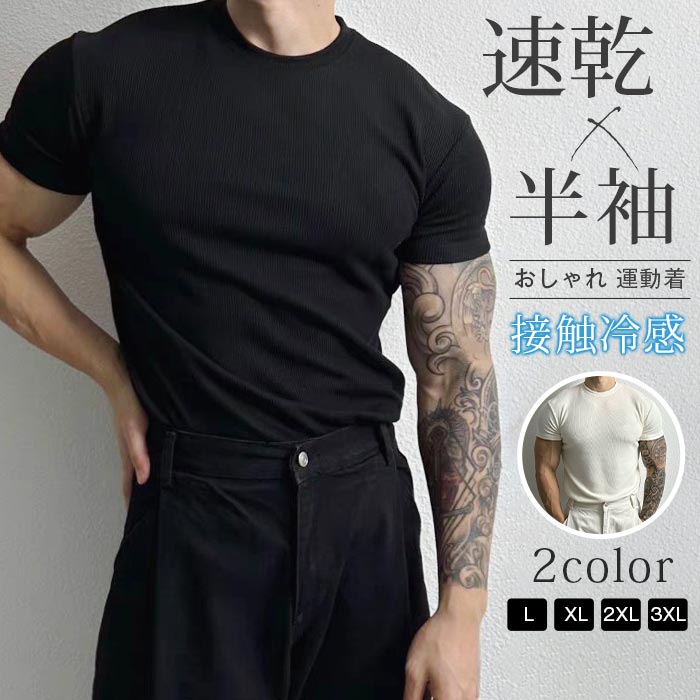 Rakuten - tシャツ 接触冷感 アイスシルク カットソー メンズ 夏 リブ 半袖tシャツ 弾力性 ストレッチ性 速乾 半袖 クルーネック トップス シンプル 無地 カジュアル かっこいい おしゃれ きれいめ 運動着 スポーツ 筋トレ トレーニング ファッション