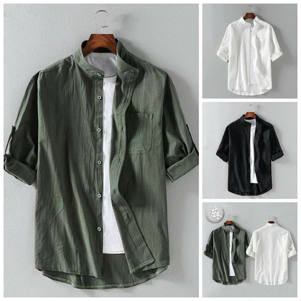 Rakuten - 半袖シャツ リネンシャツ メンズ 五分袖 シャツ 開襟シャツ ビジネス カジュアル 紳士服 メンズファッション 夏物 薄手 切り替え ロールアップ