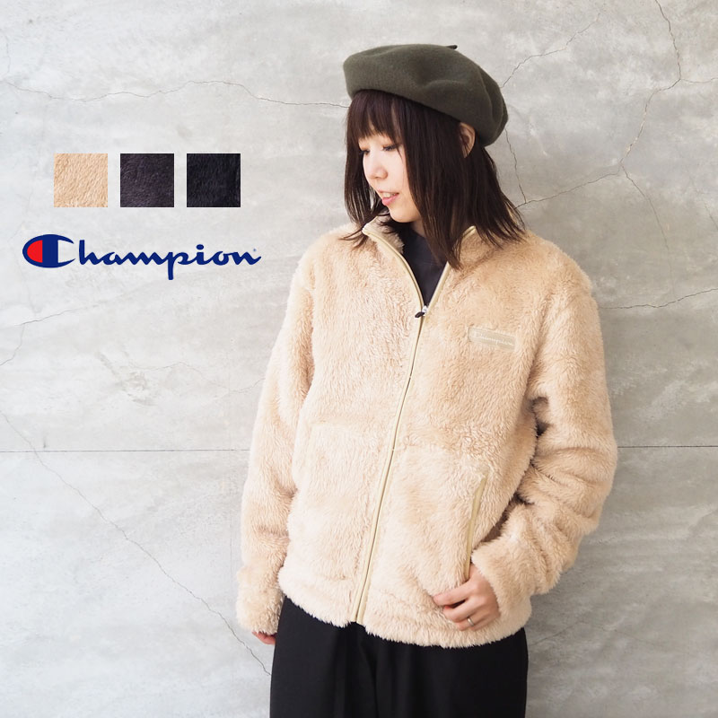 champion チャンピオン フリース ジャケット レディース ボアフリースジップアップジャケット C3-L616 フリースジャケット ボア 黒 ブラック ベージュ チャコール ロゴ ワンポイント 無地 シンプル カジュアル おしゃれ ママコーデ フリースジャケット 秋冬