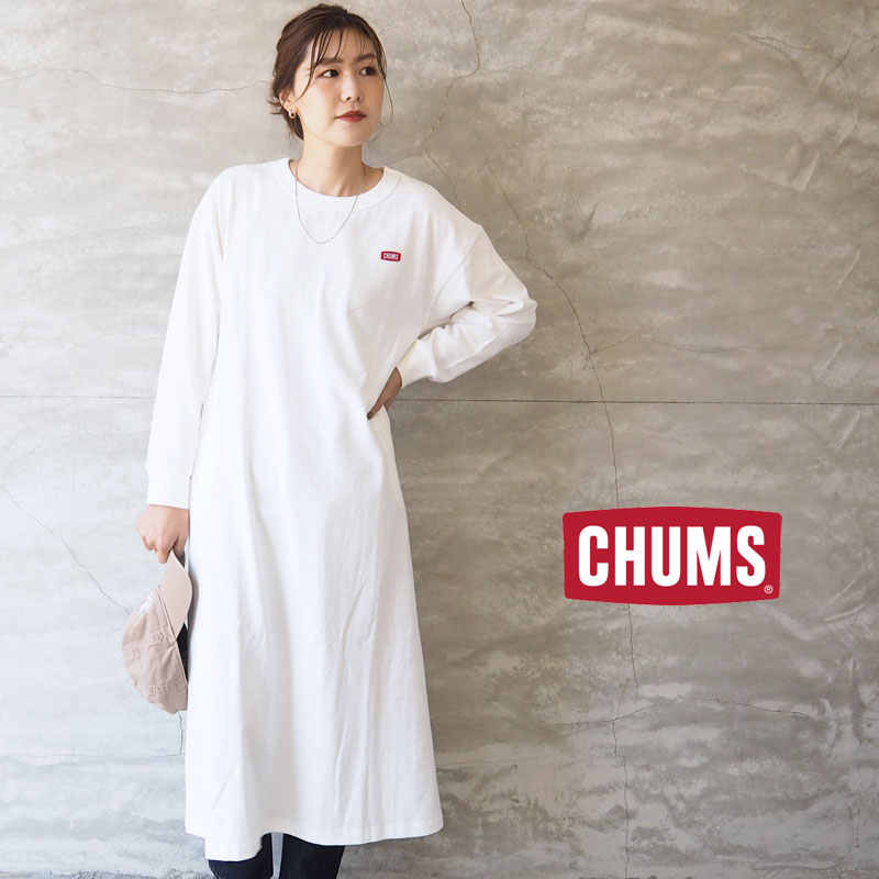 CHUMS チャムス ワンピース レディース フレア ロングワンピース CH18-1224 長袖ワンピ フレアワンピ ロング丈 フレアシルエット Aライン オーバーサイズ ロゴ 刺繍 レイヤード コットン 秋冬 秋 春 カジュアル アウトドア キャンプ女子 キャンジョ ママコーデ